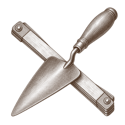 Kupferstich einer Maurerkelle mit Zollstock