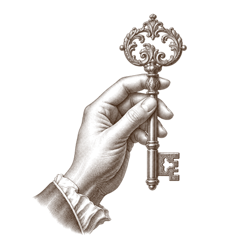 Kupferstich einer Hand mit einem Schlüssel